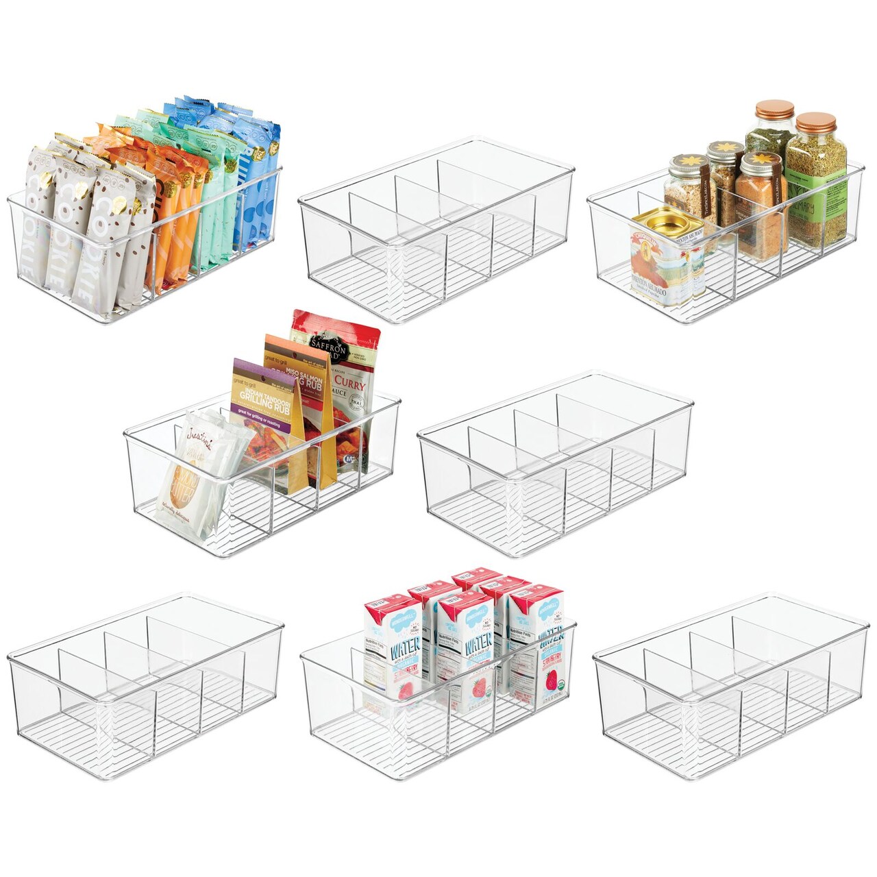 mDesign Plastic 4-Section Divided Kitchen or Pantry Organizer Bin, 8 Pack, Clear